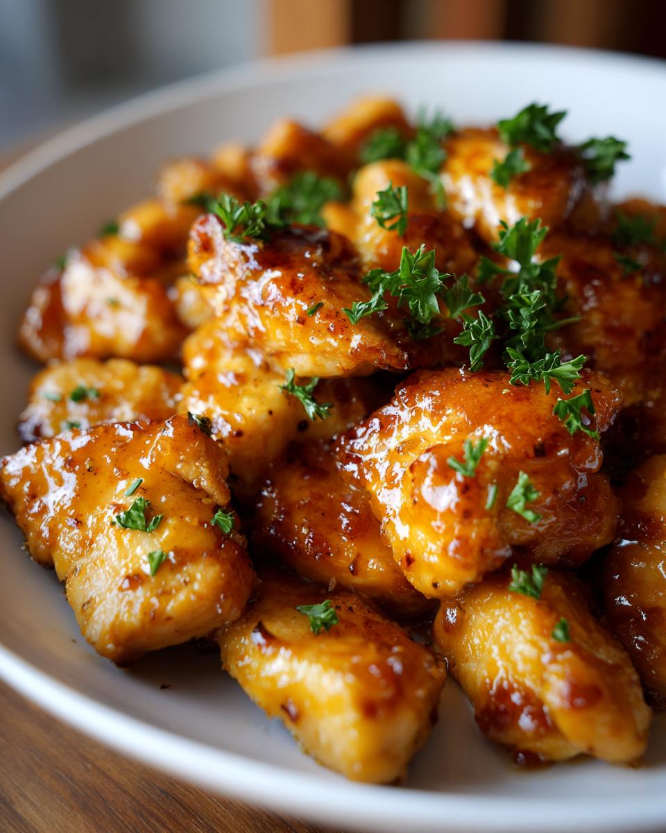 Close-up of glossy, glazed chicken bites, garnished with fresh parsley, perfect for quick chicken recipes.