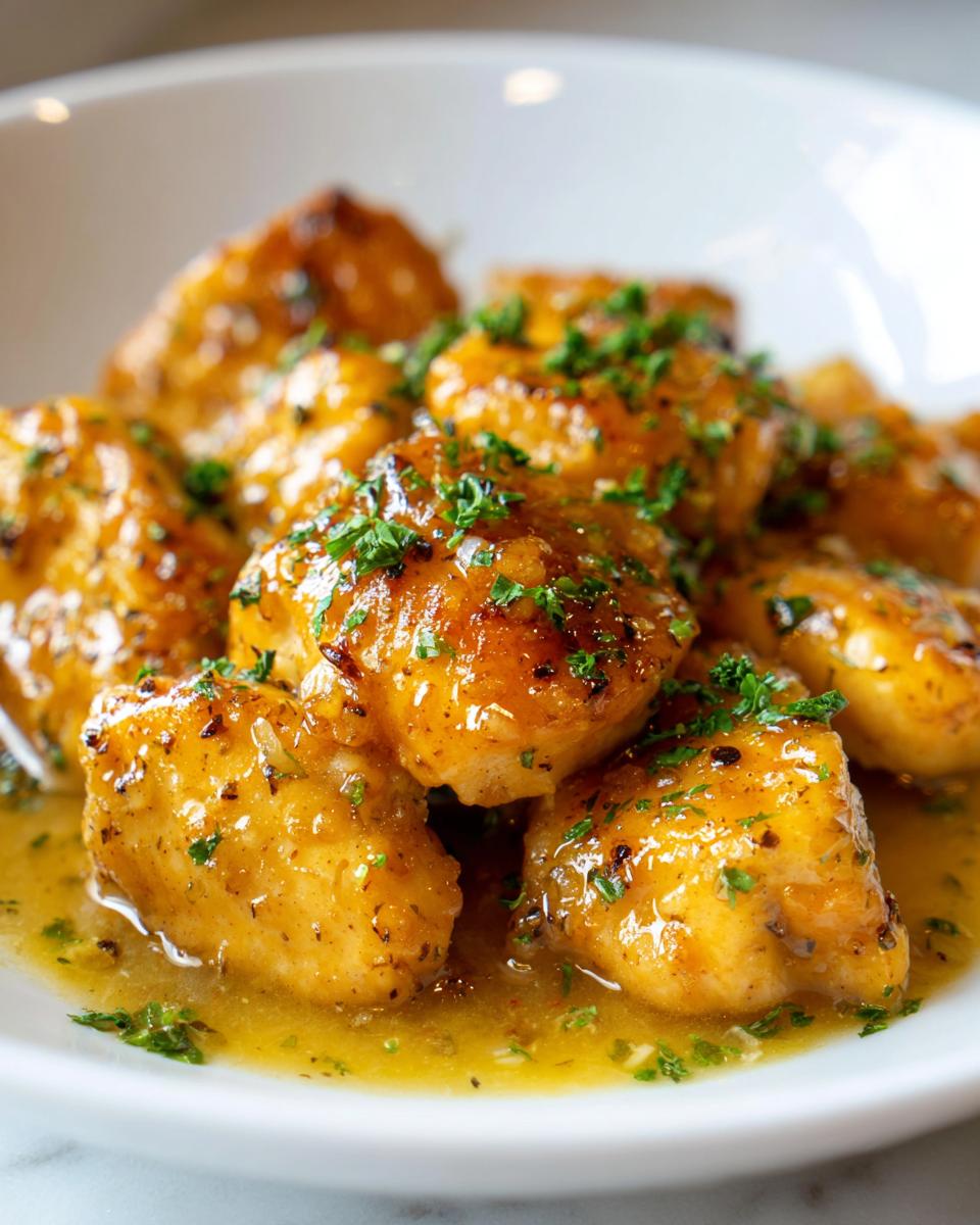 Close-up of golden-brown glazed chicken bites garnished with fresh parsley, part of quick chicken recipes.
