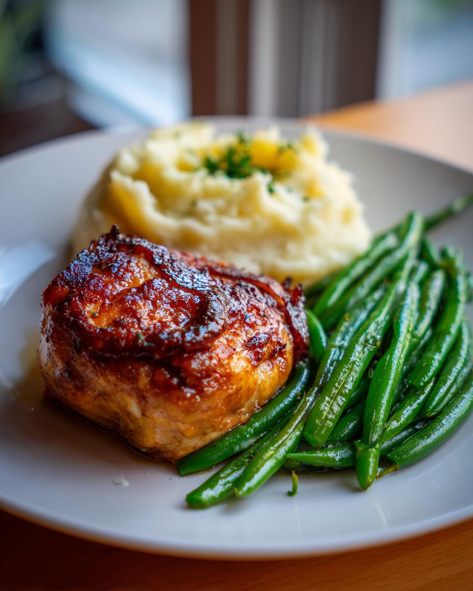 A perfectly cooked glazed chicken breast served with creamy mashed potatoes and fresh green beans, ideal for new years dinner ideas.