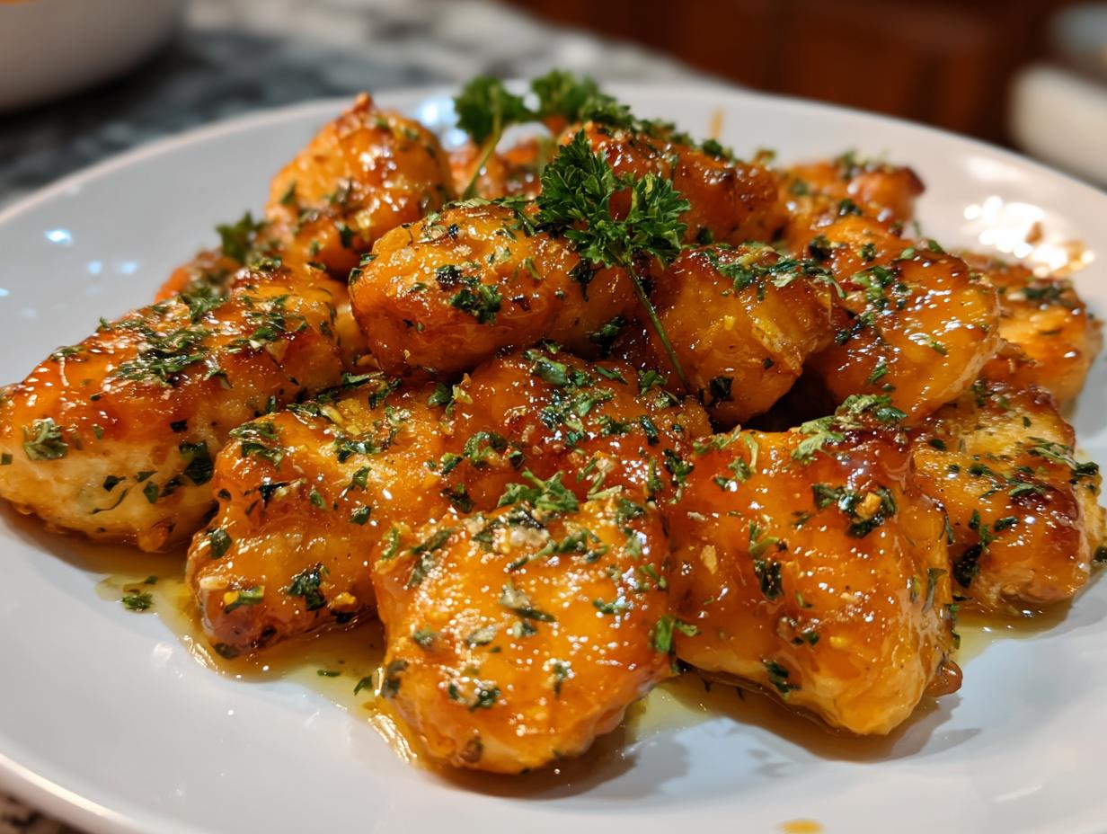 A plate of glistening, glazed chicken pieces topped with fresh parsley, a perfect addition to chicken recipes.
