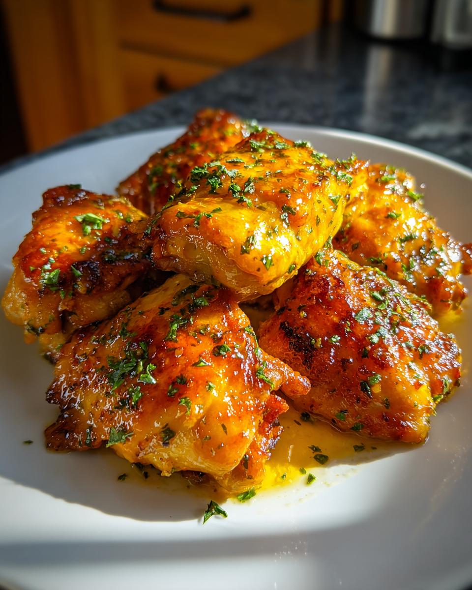 A pile of glistening, glazed chicken thighs sprinkled with fresh parsley, a perfect addition to quick chicken recipes.