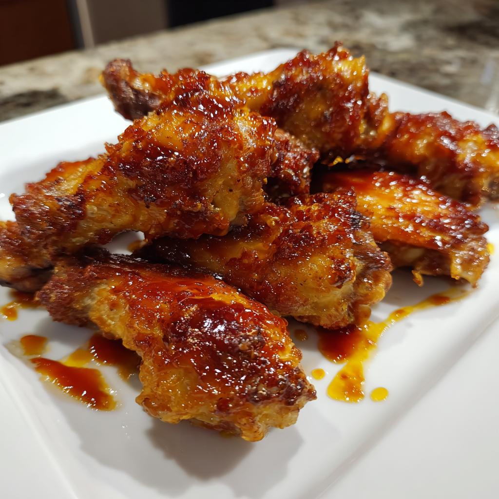 A close-up of a plate piled high with glistening, glazed chicken wings, a perfect addition to any chicken wings recipes.