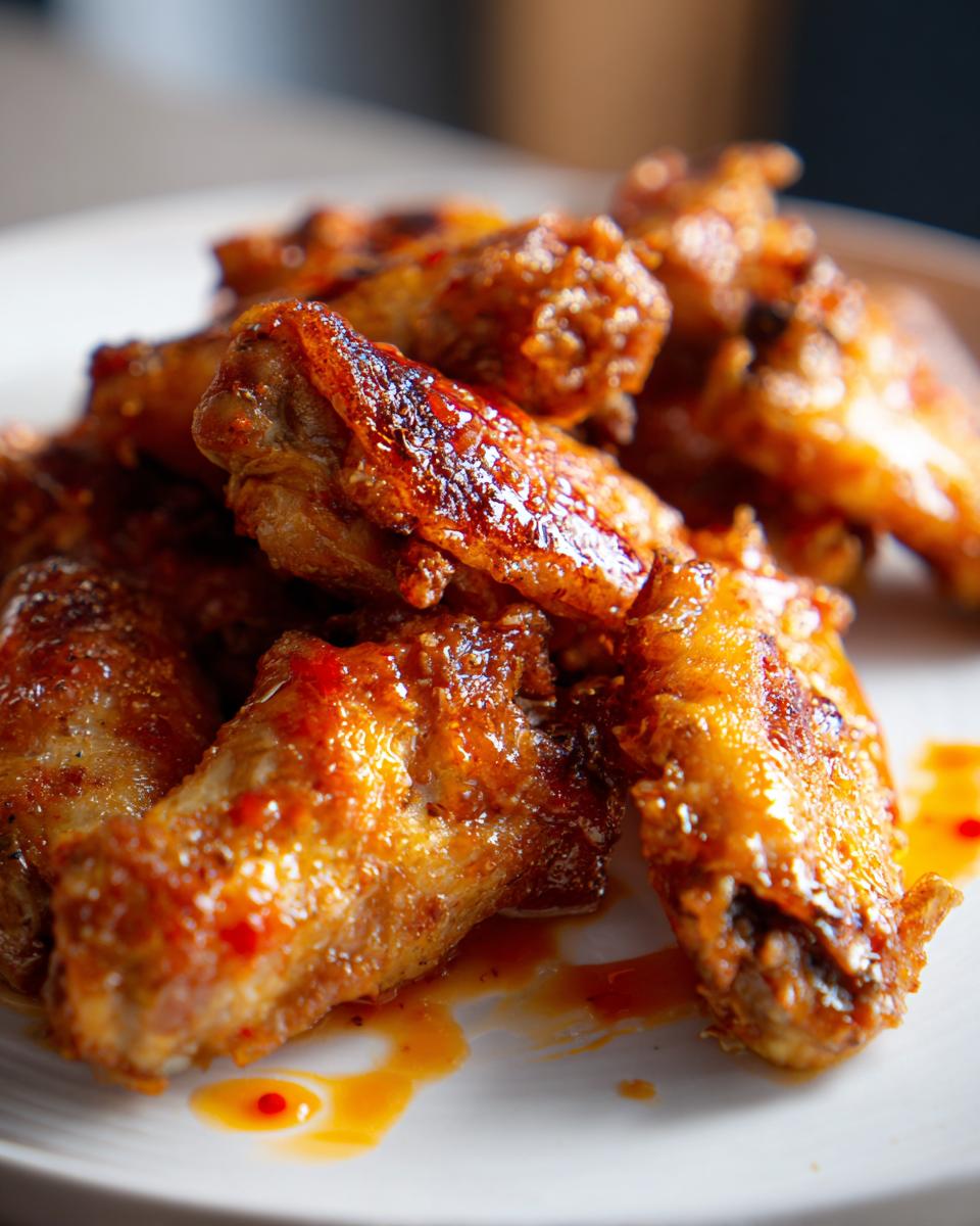 Close-up of a plate of glistening, glazed chicken wings, a perfect addition to any chicken wings recipes.
