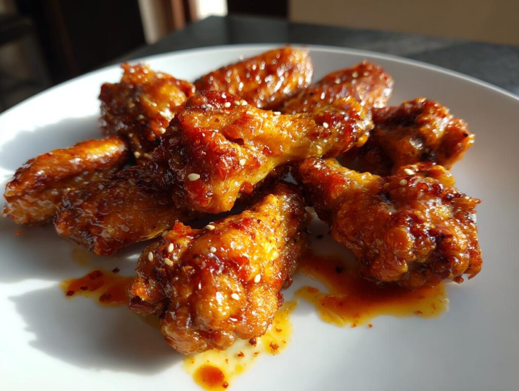 A plate of glistening, glazed chicken wings, sprinkled with sesame seeds, perfect for chicken wings recipes.