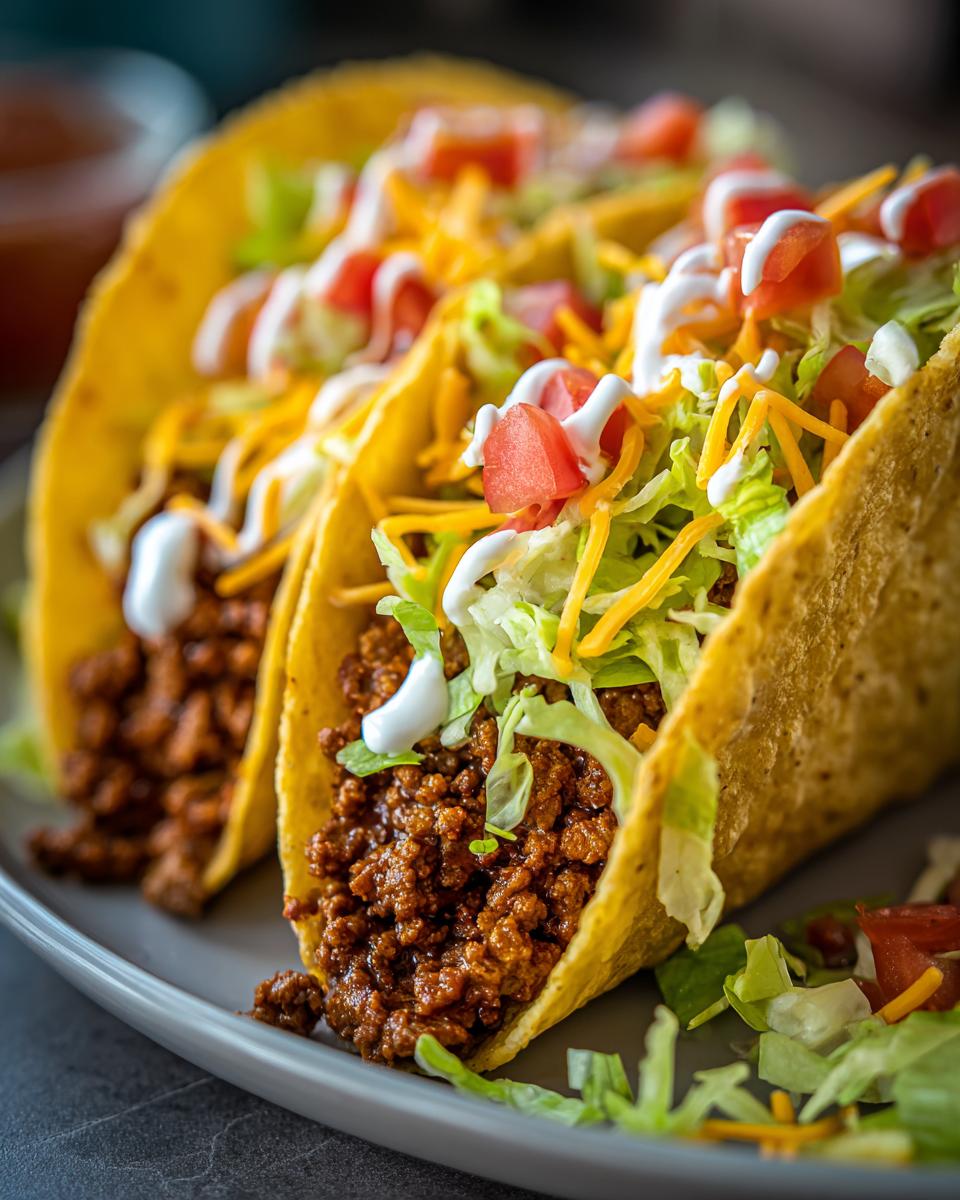 Close-up of three ground beef tacos with lettuce, cheese, tomatoes, and sour cream, perfect for taco recipes.