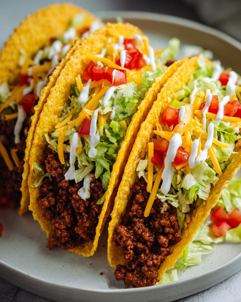 Three crispy ground beef tacos filled with lettuce, cheese, tomatoes, and sour cream. A perfect example of easy taco recipes.