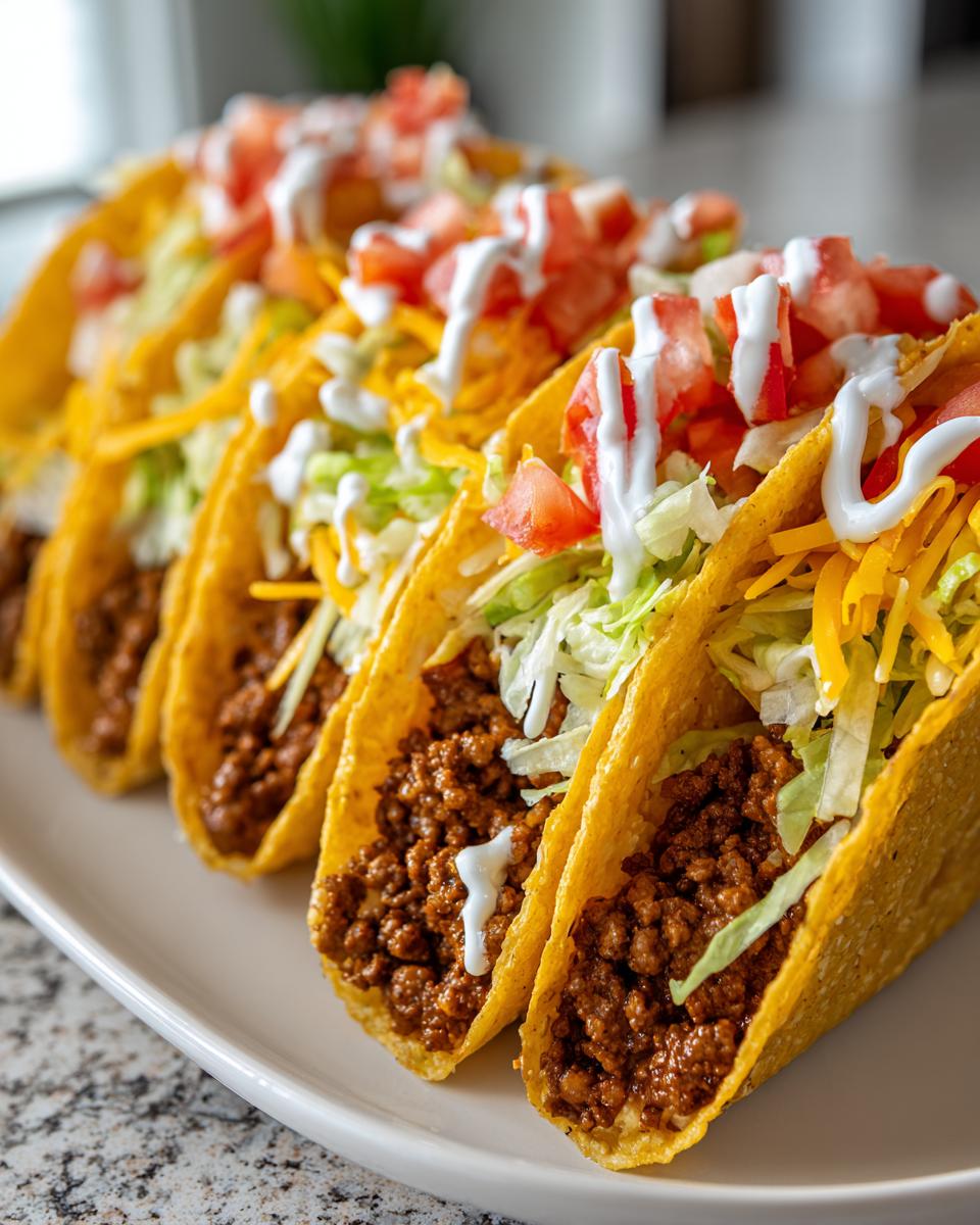A row of perfectly prepared ground beef tacos, topped with shredded lettuce, cheese, diced tomatoes, and a drizzle of sour cream. These are some of the best taco recipes.