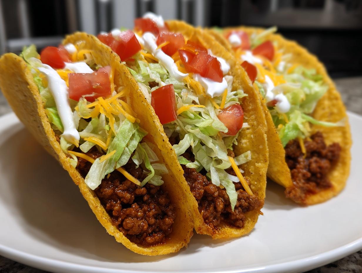Three crunchy ground beef tacos filled with lettuce, cheese, tomatoes, and sour cream. A perfect example of easy taco recipes.