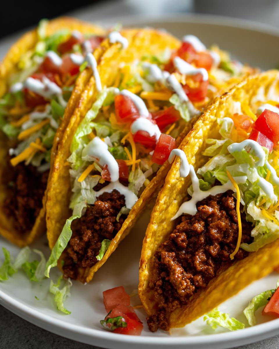 A plate of three crispy ground beef tacos, topped with shredded lettuce, cheese, diced tomatoes, and a drizzle of sour cream.