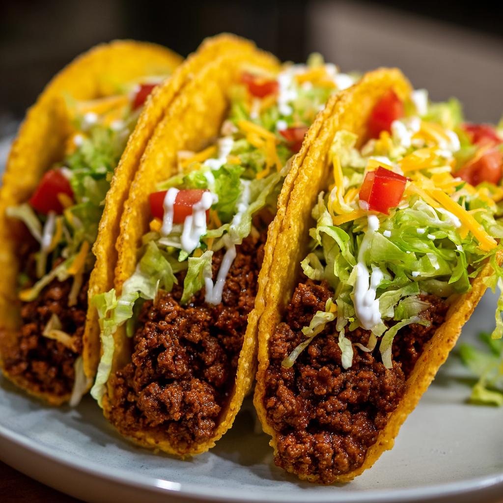 Three classic ground beef tacos filled with seasoned meat, shredded lettuce, cheese, tomatoes, and sour cream.