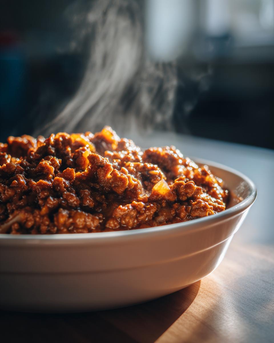 A close-up of steaming ground turkey bolognese sauce in a white bowl, perfect for healthy weeknight ground turkey recipes.