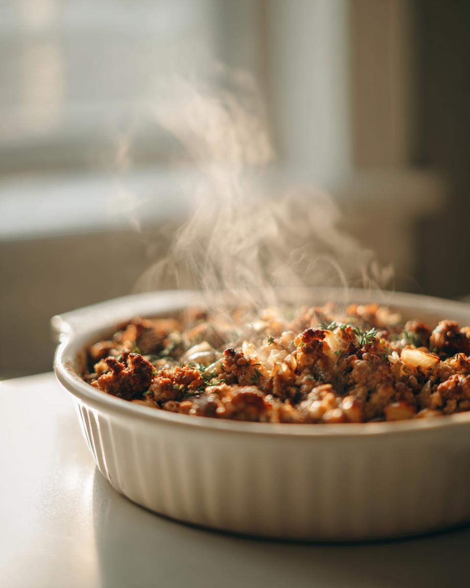 A close-up of a steaming casserole dish filled with ground turkey recipes, herbs, and vegetables.