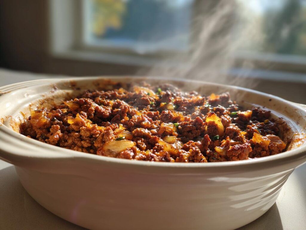 A steaming casserole dish filled with savory ground turkey and onions, perfect for healthy weeknight meals.