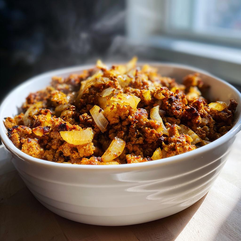 A white bowl filled with a steaming, savory mixture of ground turkey and sautéed onions, a perfect example of ground turkey recipes.