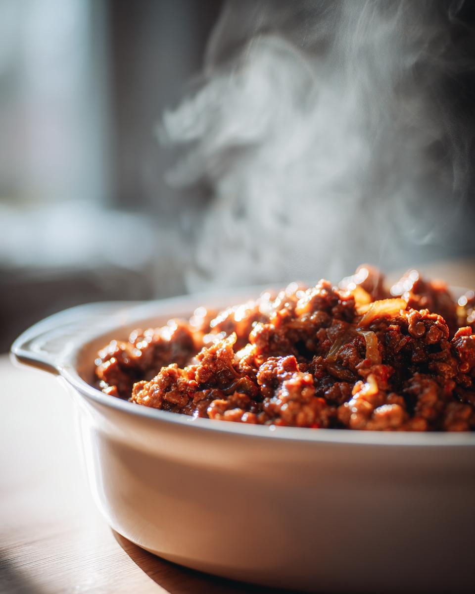 Close-up of a steaming bowl filled with a savory ground turkey recipe.