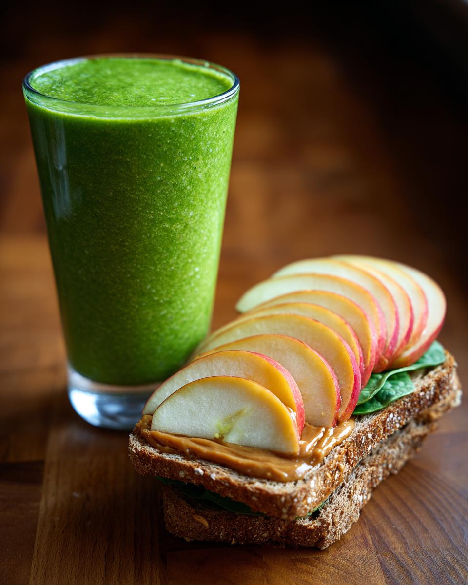 A healthy breakfast idea featuring a whole-grain sandwich with peanut butter, spinach, and apple slices, next to a vibrant green smoothie.