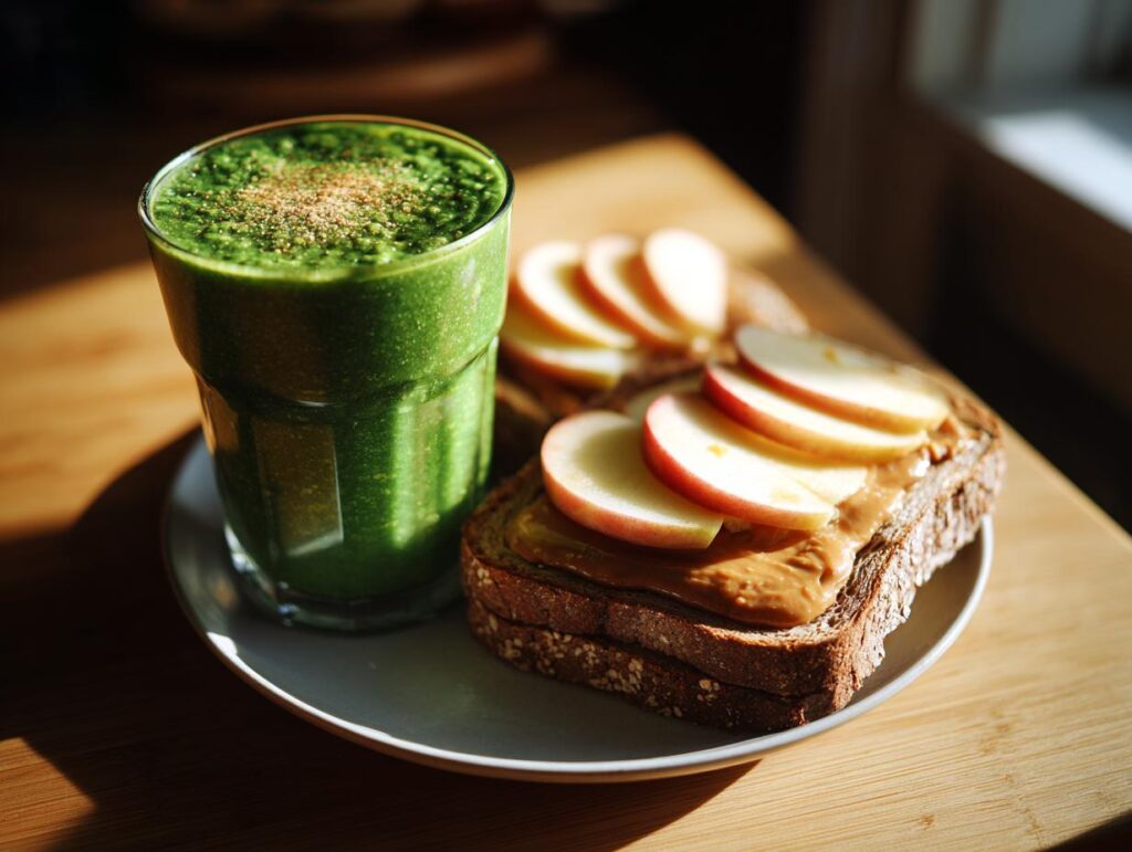 A vibrant green smoothie next to whole-wheat toast with peanut butter and apple slices, showcasing healthy breakfast ideas.