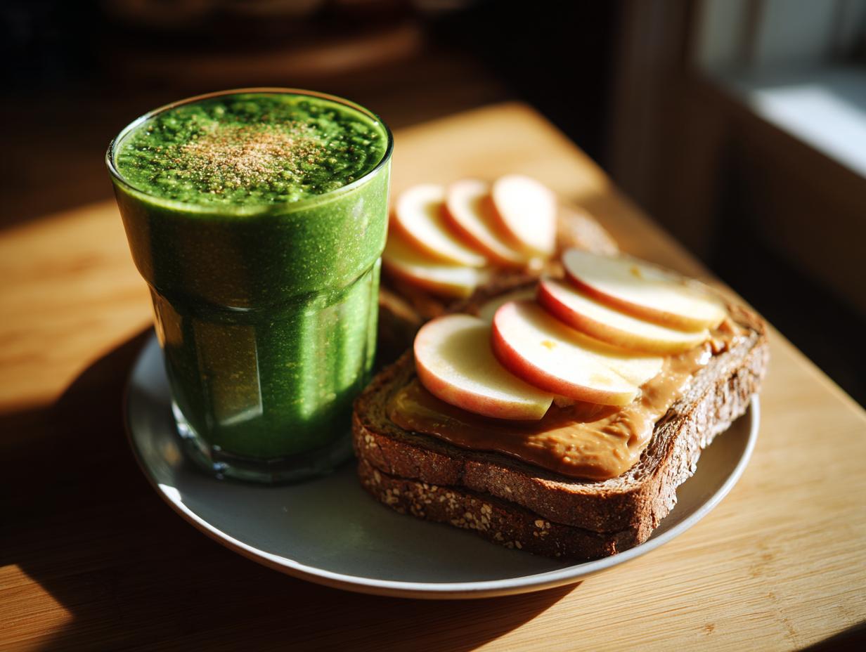 A vibrant green smoothie next to whole-wheat toast with peanut butter and apple slices, showcasing healthy breakfast ideas.