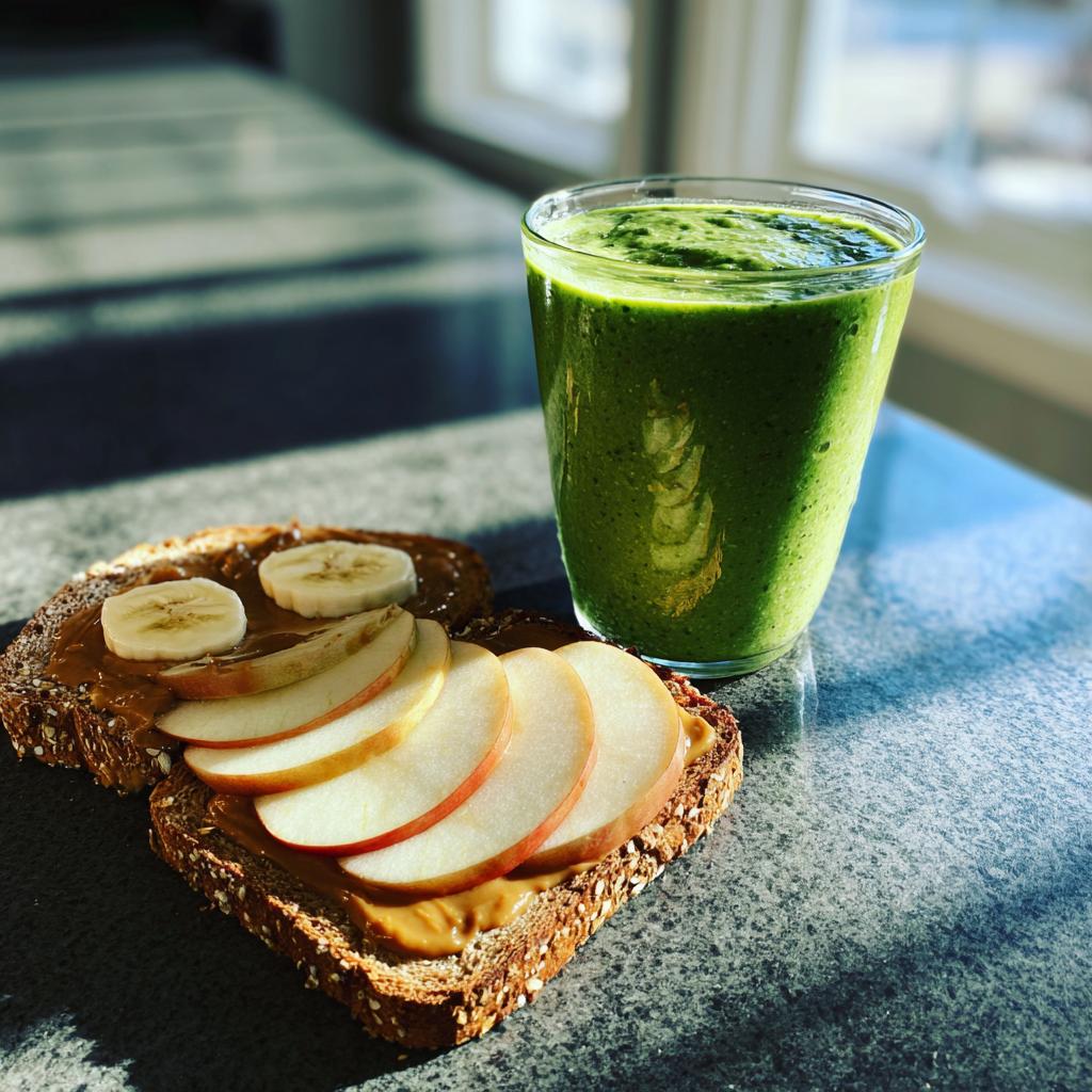 Two slices of whole-wheat toast with peanut butter, banana slices, and apple slices, next to a glass of green smoothie. Healthy breakfast ideas.