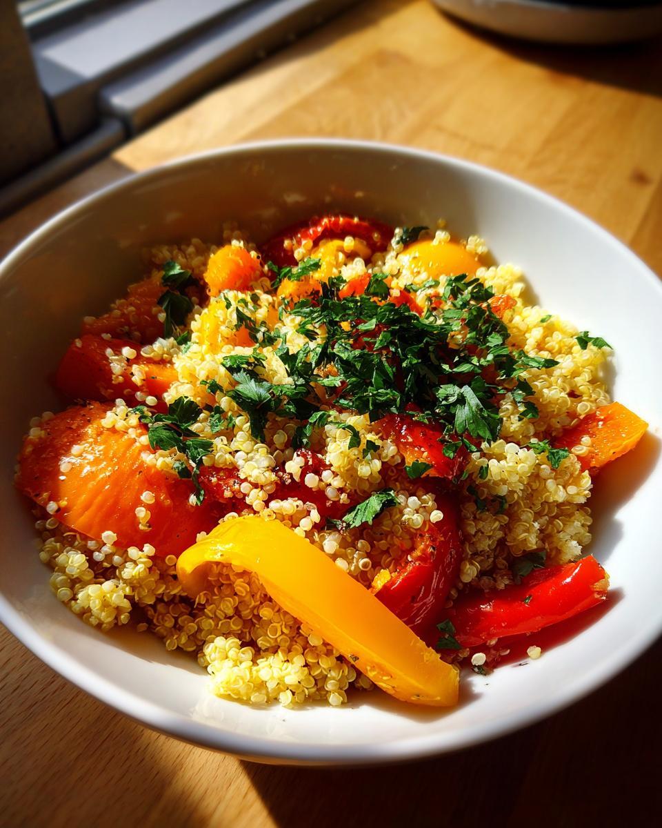 A vibrant bowl of healthy quinoa with roasted bell peppers and tomatoes, topped with fresh parsley.