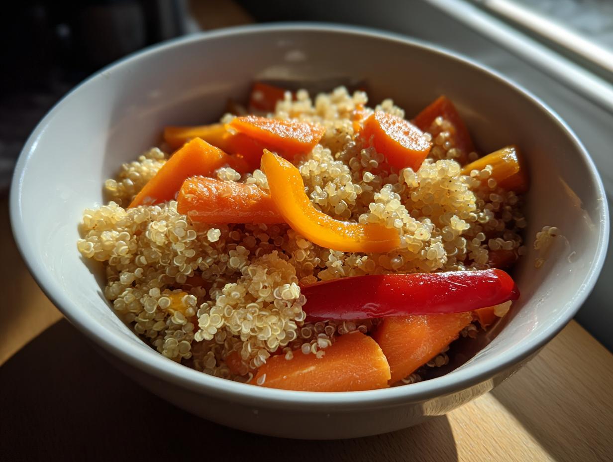 A white bowl filled with fluffy quinoa and colorful chopped carrots and bell peppers, showcasing a healthy meal.
