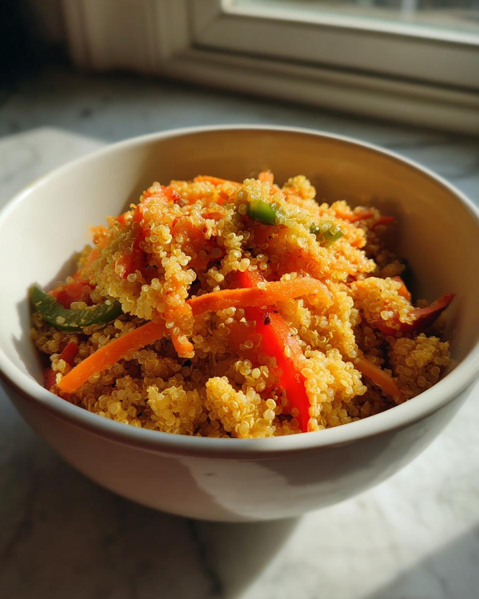A bowl of healthy quinoa salad with shredded carrots, bell peppers, and green chilies.