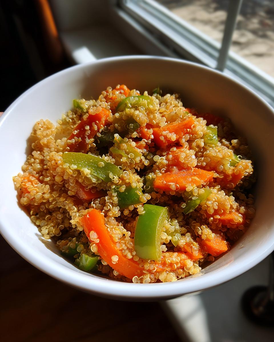 A bowl of healthy quinoa mixed with chopped carrots and green bell peppers, a perfect example of healthy meals.