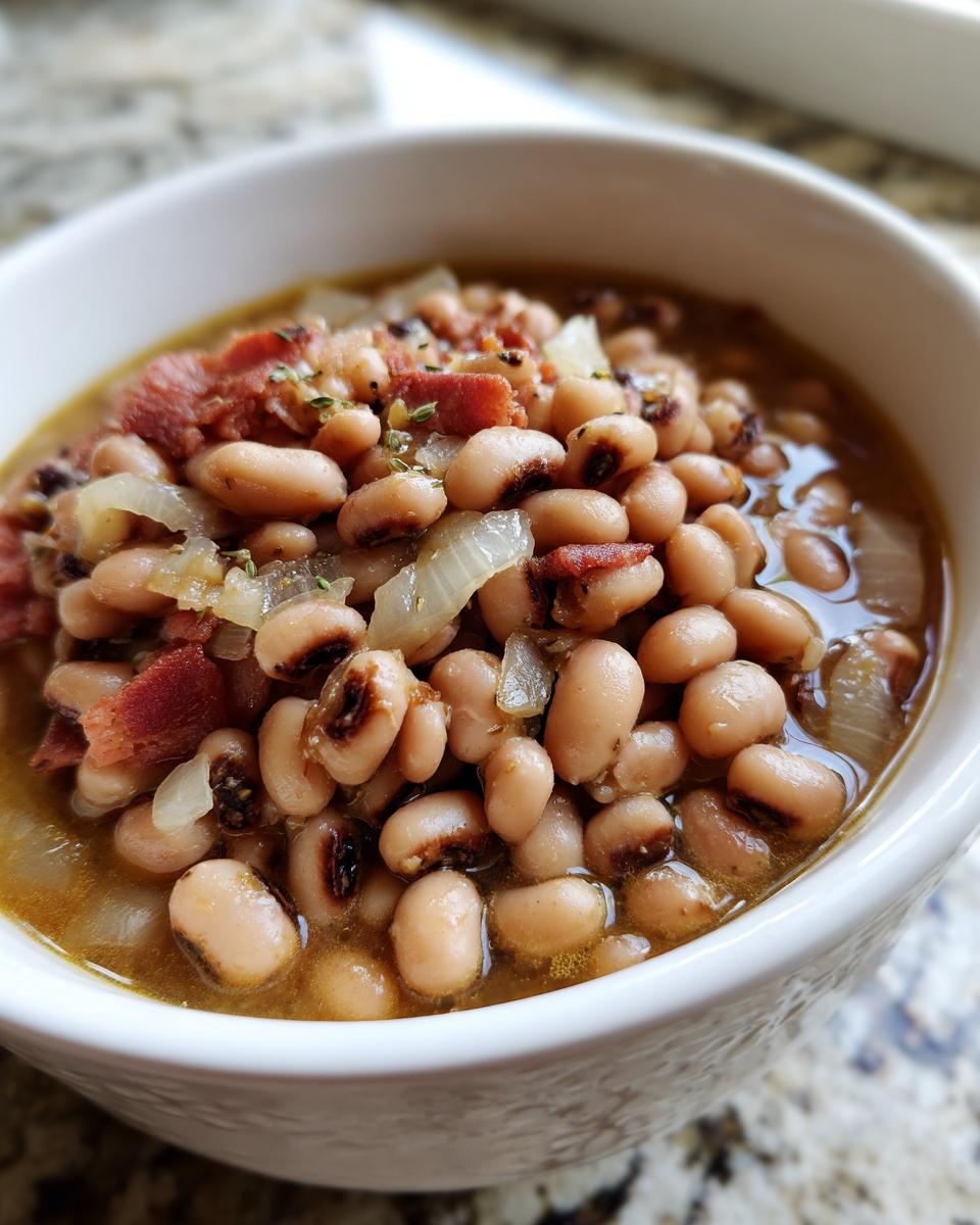 Close-up of a bowl filled with a hearty black eyed peas recipe, featuring tender peas, savory bacon, and onions in a rich broth.