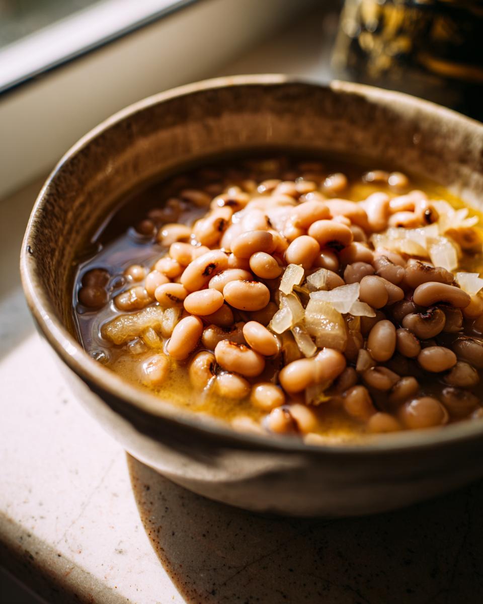 Close-up of a rustic bowl filled with a hearty black eyed peas recipe, featuring tender beans and savory broth.