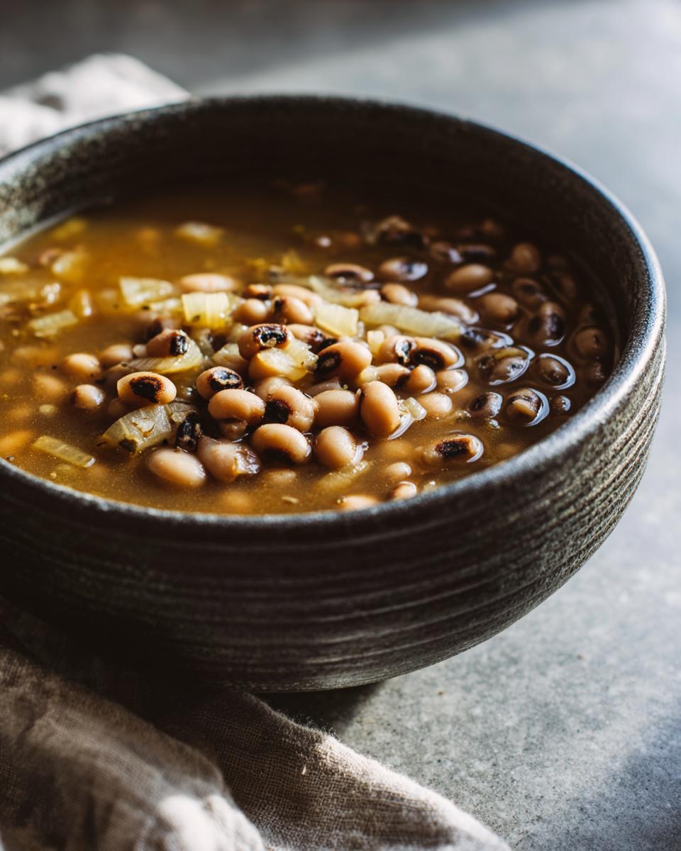 Close-up of a rustic bowl filled with a hearty black eyed peas recipe, showing tender beans and savory broth.