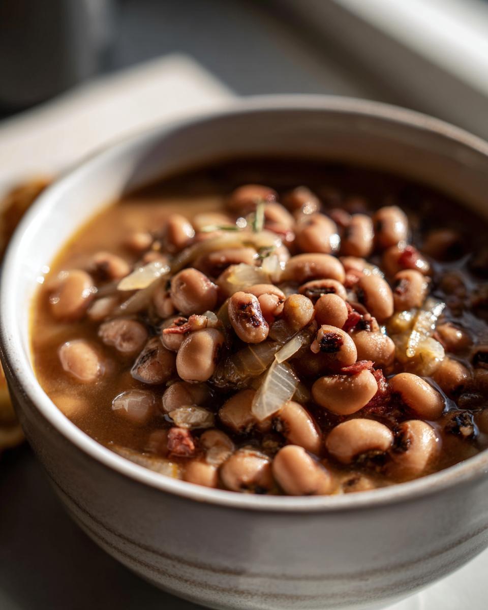 Close-up of a rustic bowl filled with a hearty black eyed peas recipe, featuring tender peas, onions, and savory broth.