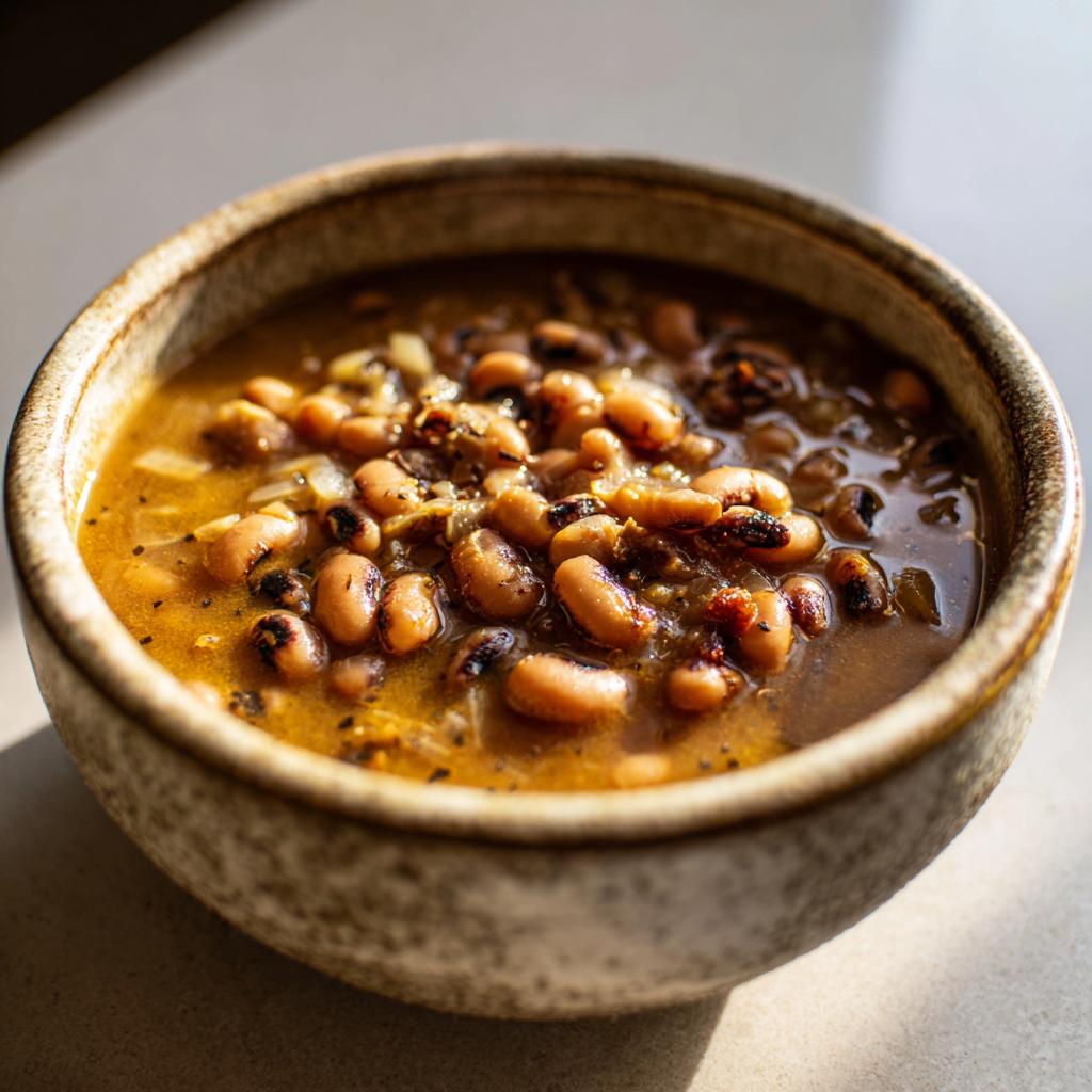 A close-up of a rustic bowl filled with a hearty black eyed peas recipe, showing the texture and rich broth.