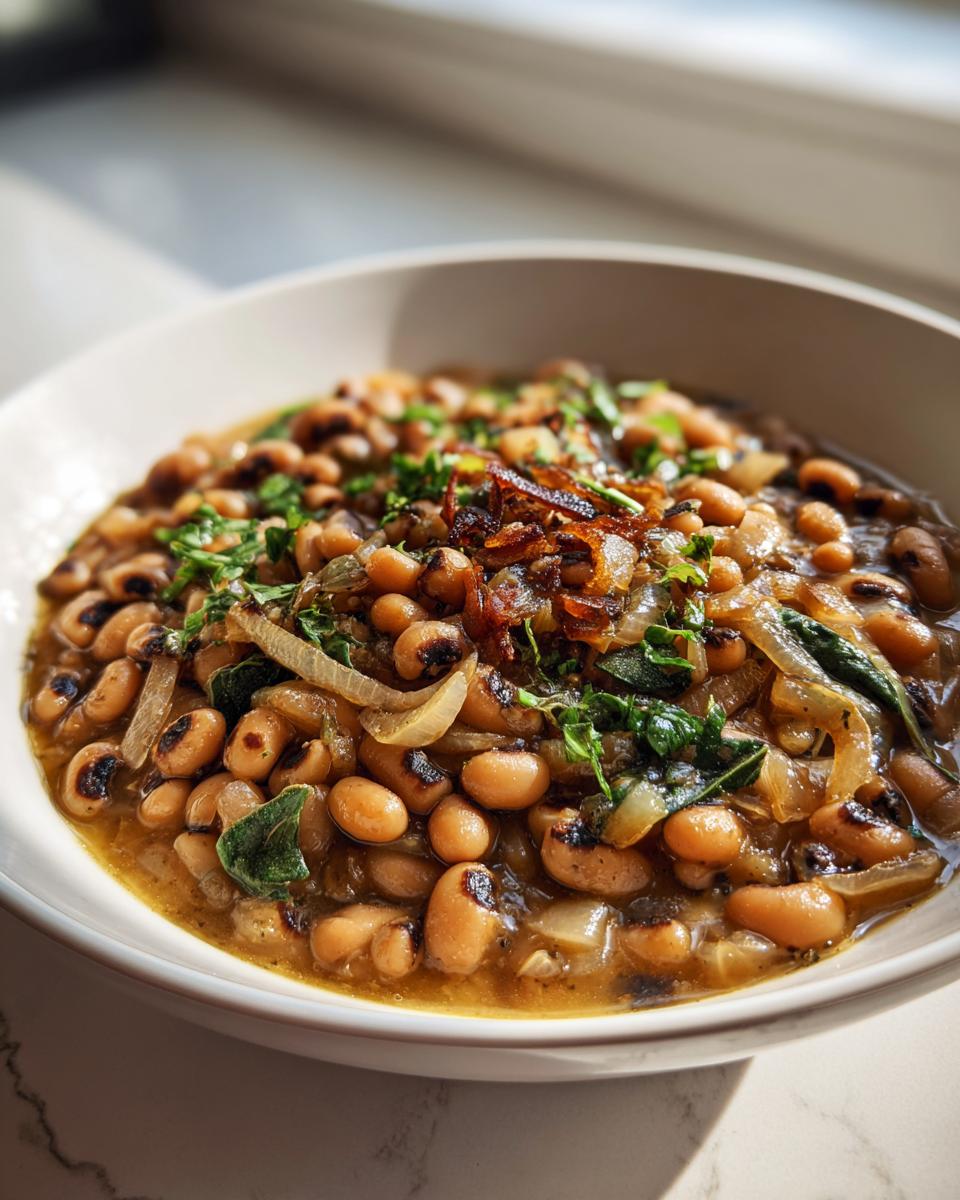 A close-up of a bowl filled with a hearty blackeyed pea recipe, garnished with fried onions and fresh herbs.