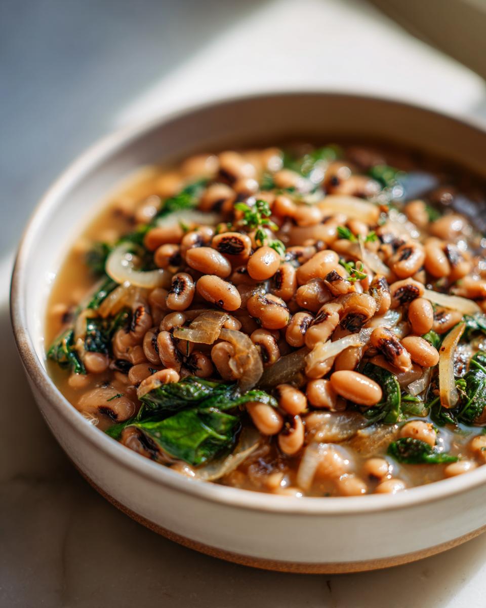 A close-up of a bowl of hearty blackeyed pea recipes with wilted greens and onions, garnished with fresh herbs.
