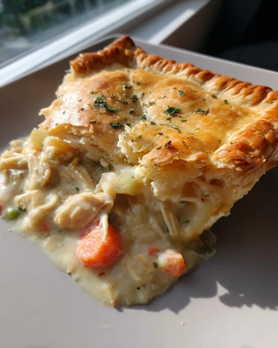 A slice of delicious Holiday Chicken Pot Pie, showing creamy filling with chicken, carrots, and peas, topped with a golden flaky crust.