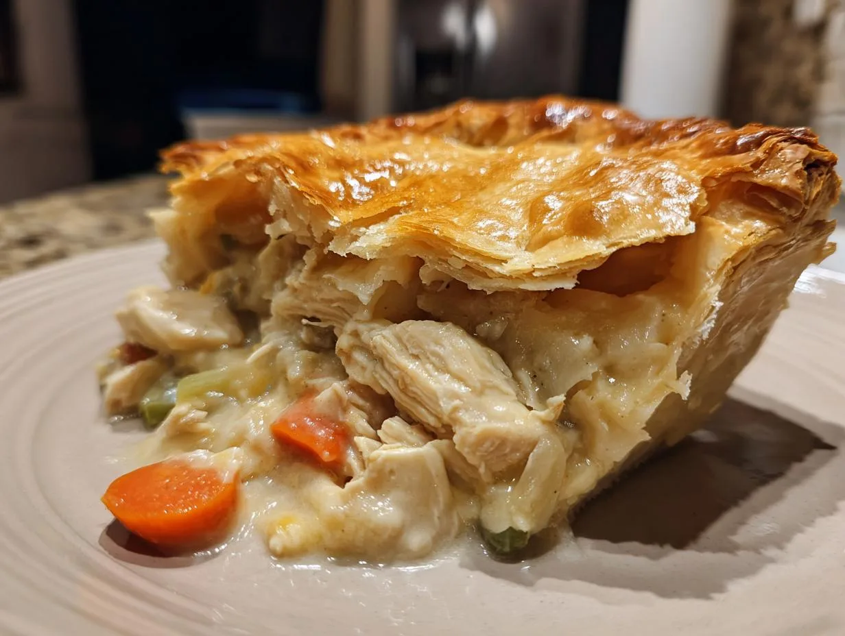 A generous slice of golden-brown Holiday Chicken Pot Pie, revealing tender chicken, carrots, peas, and creamy filling.