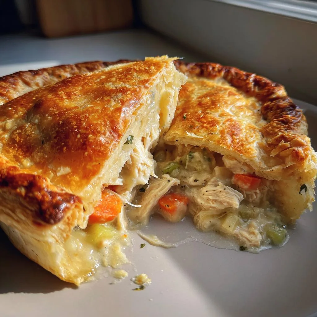 A close-up of a slice of holiday chicken pot pie, revealing flaky crust and creamy chicken filling with carrots and celery.