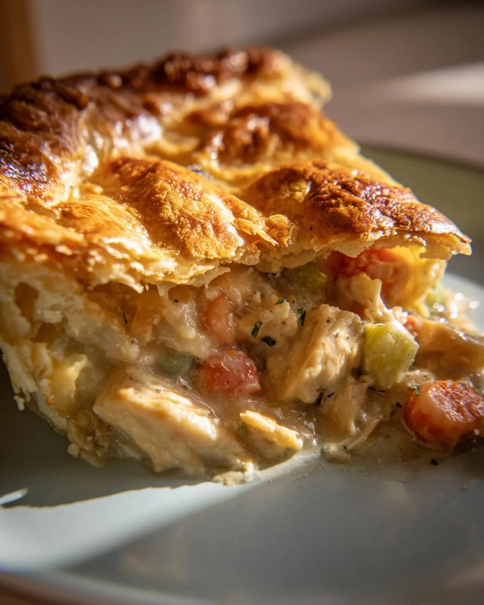 A close-up of a slice of Holiday Chicken Pot Pie, showing flaky crust and creamy chicken filling with vegetables.