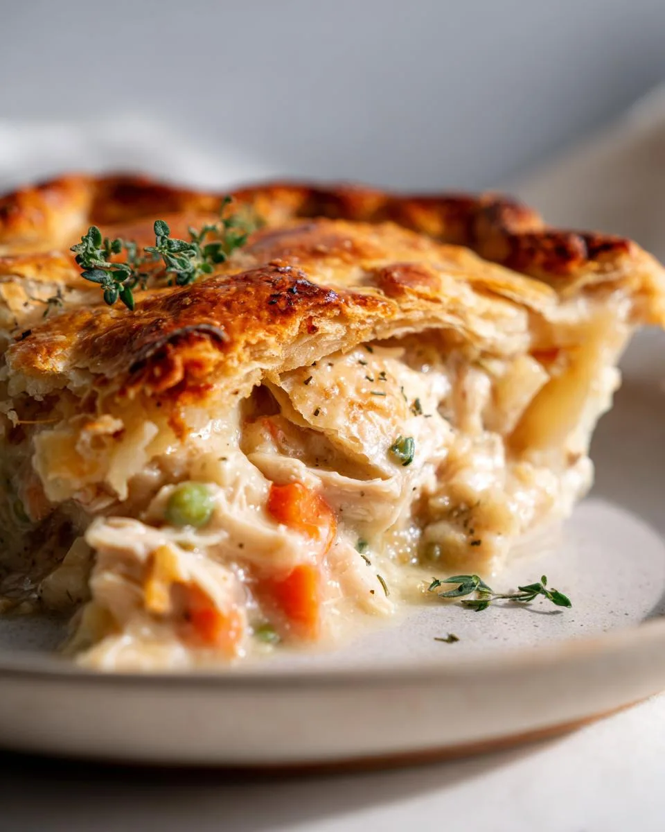 Close-up of a slice of Holiday Chicken Pot Pie, showing flaky crust, chicken, carrots, and peas in creamy sauce.