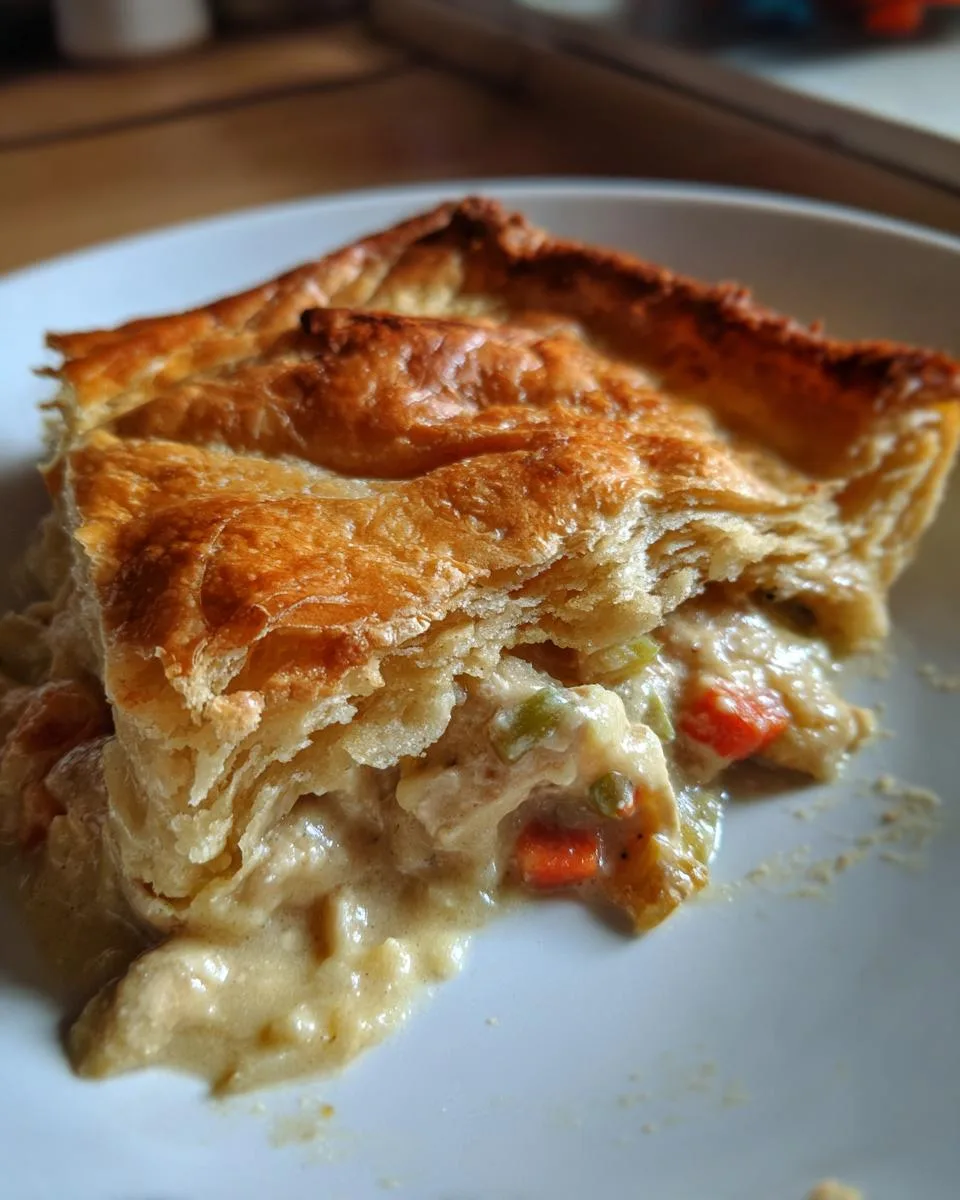 A generous slice of holiday chicken pot pie with flaky golden crust and creamy filling with chicken and vegetables.