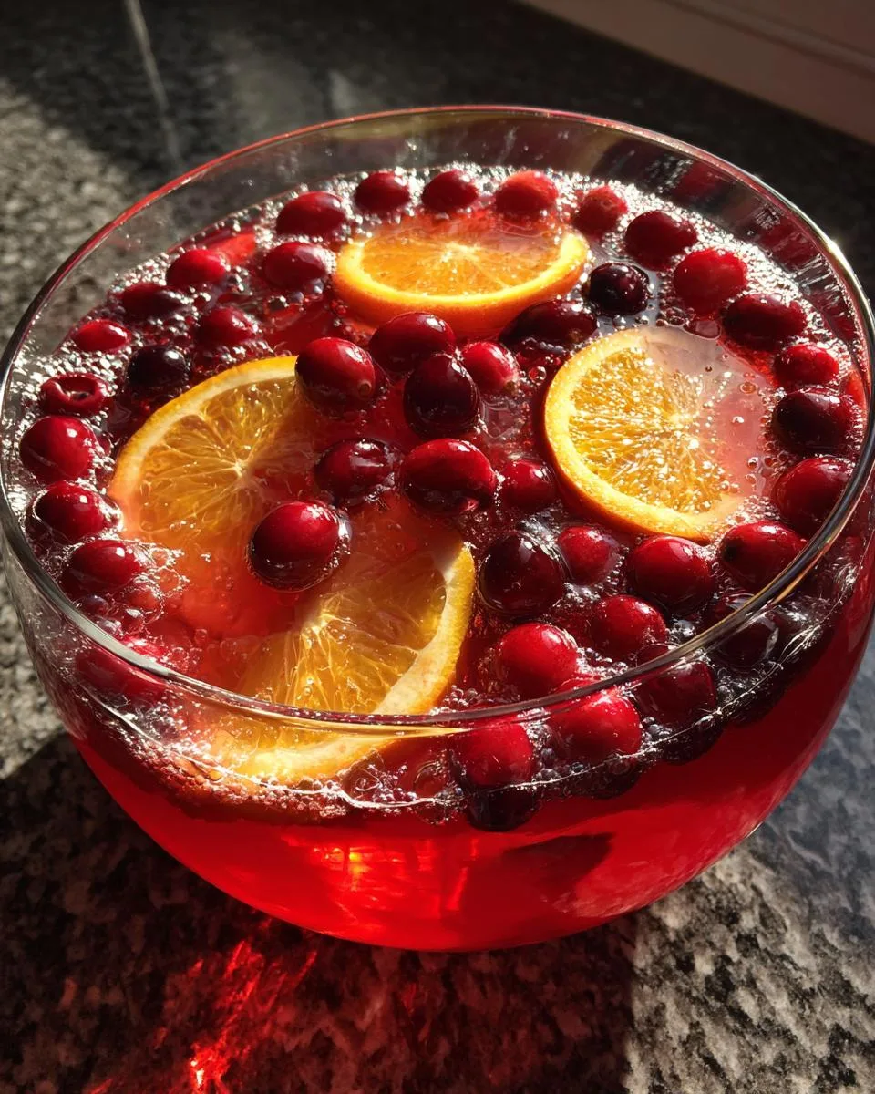 A festive bowl of Holiday Cranberry Punch filled with fresh cranberries and orange slices.