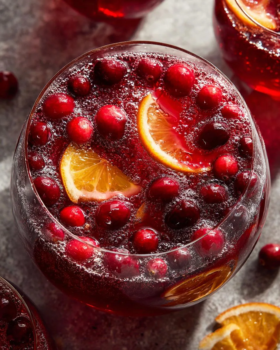 Close-up of a glass filled with bubbly Holiday Cranberry Punch, garnished with fresh cranberries and orange slices.