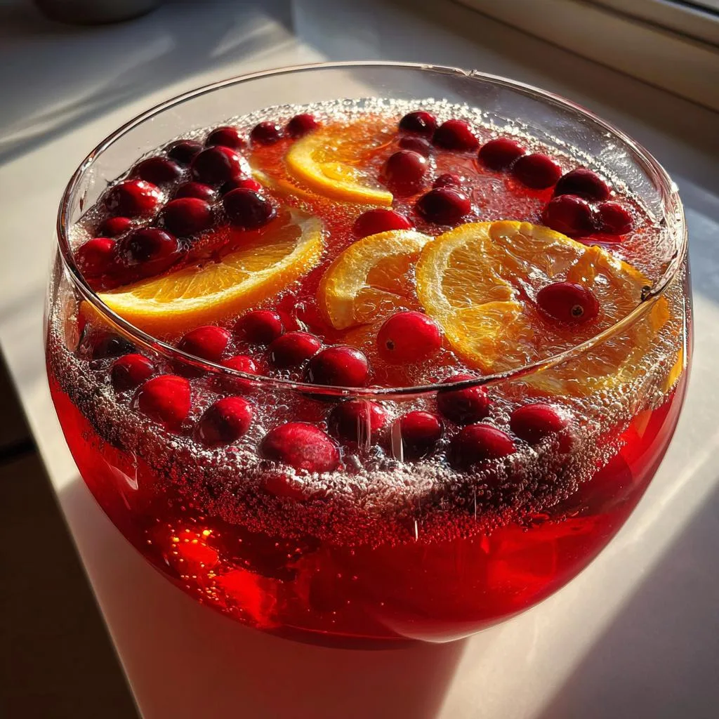 A close-up of a clear glass bowl filled with vibrant red Holiday cranberry punch, garnished with fresh cranberries and orange slices.
