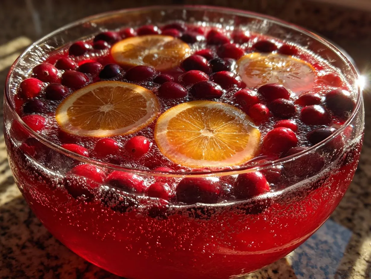 A close-up of a large glass bowl filled with sparkling Holiday Cranberry Punch, garnished with fresh cranberries and orange slices.