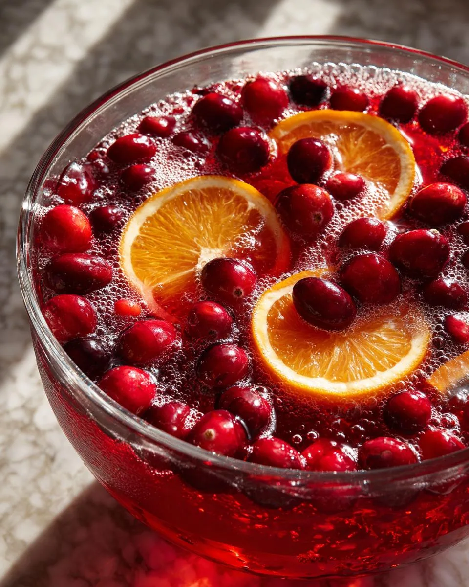 A close-up of a festive Holiday Cranberry Punch in a glass bowl, garnished with fresh cranberries and orange slices.