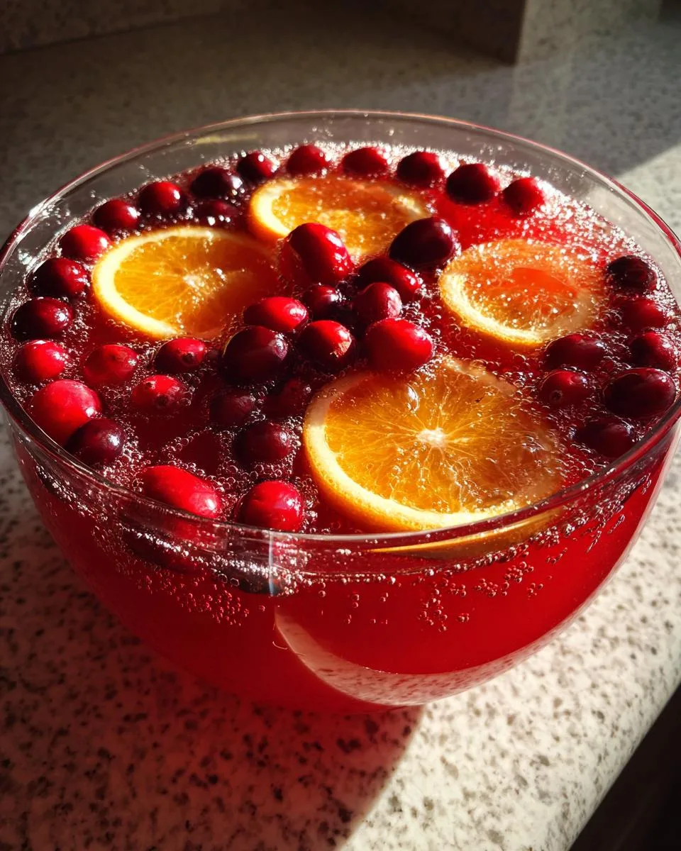 A close-up of a large glass bowl filled with vibrant red Holiday Cranberry Punch, garnished with fresh cranberries and orange slices.