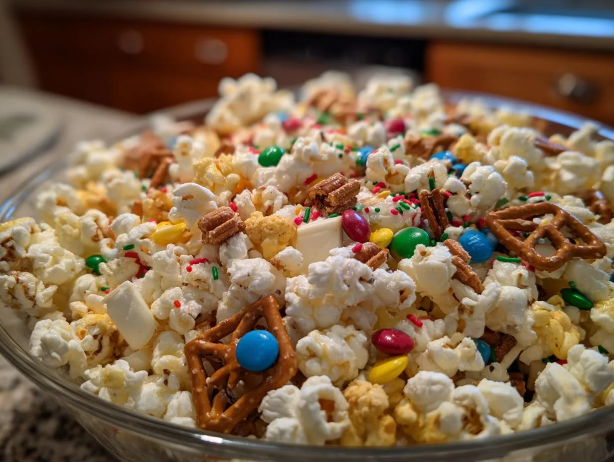 A close-up of a glass bowl filled with a festive holiday popcorn mix, featuring popcorn, M&Ms, pretzels, and sprinkles.