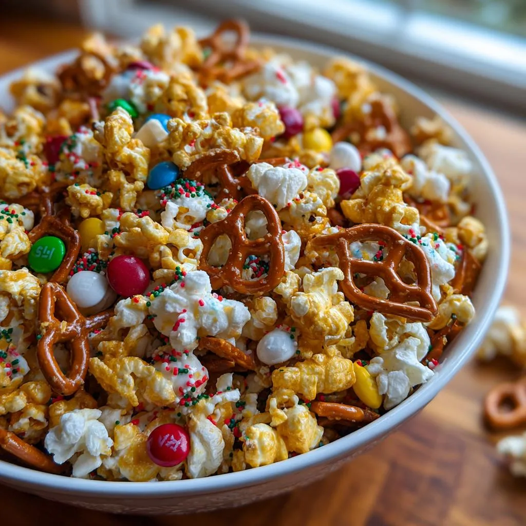 A close-up of a white bowl filled with a festive holiday popcorn mix, featuring popcorn, pretzels, M&Ms, and sprinkles.