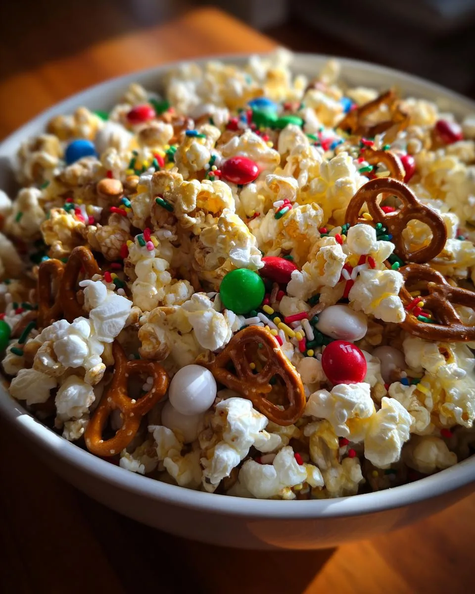 A close-up of a white bowl filled with a colorful holiday popcorn mix, featuring popcorn, pretzels, M&Ms, and sprinkles.