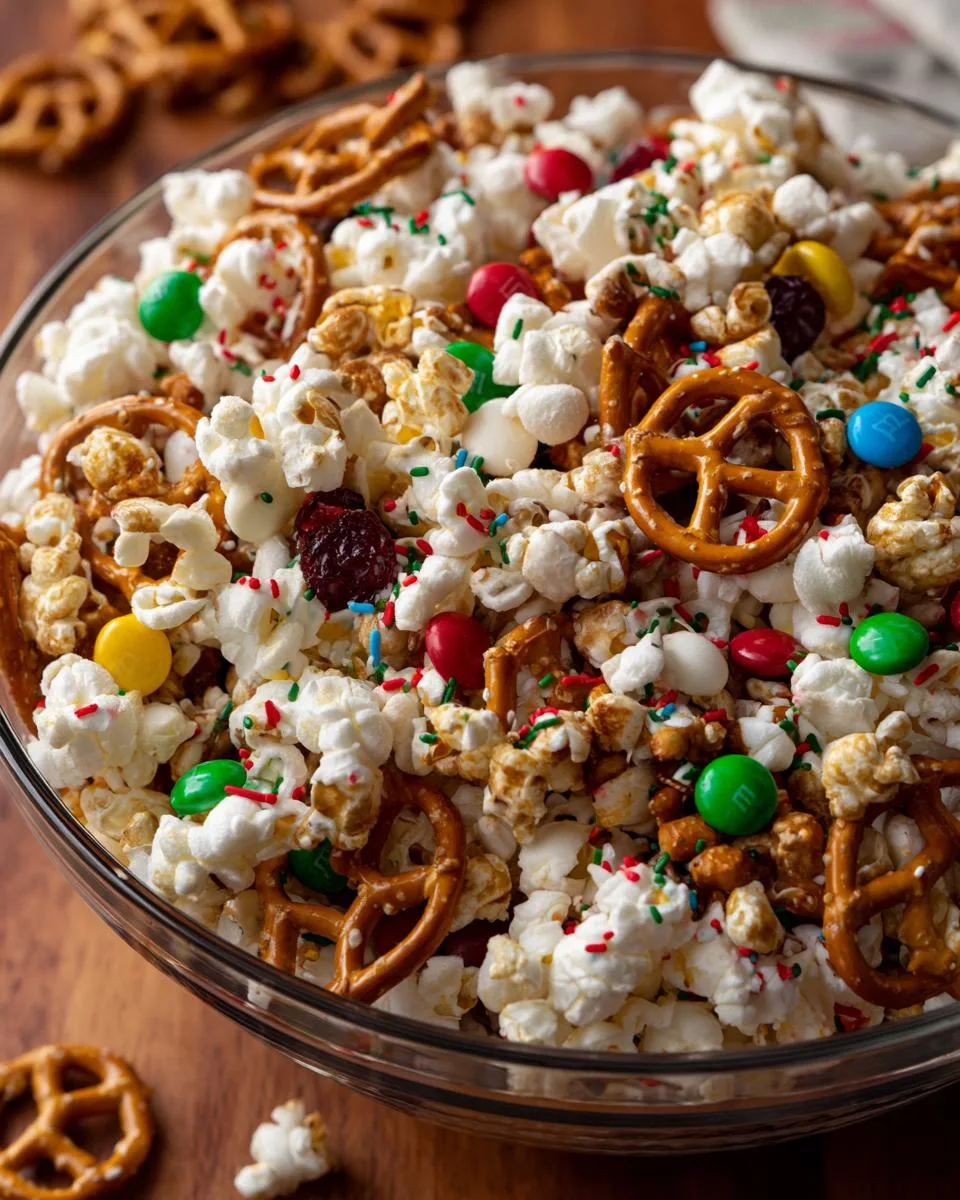 A festive bowl overflowing with holiday popcorn mix, featuring popcorn, pretzels, M&Ms, and sprinkles.